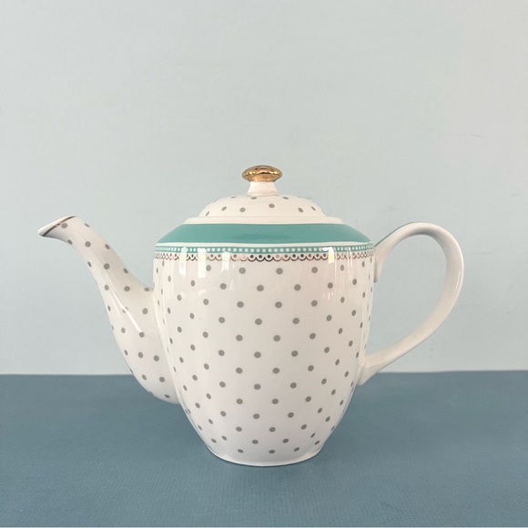 Grace’s Teaware Josephine Aqua Polka Dot Gold Porcelain Teapot - Picture 1 of 8